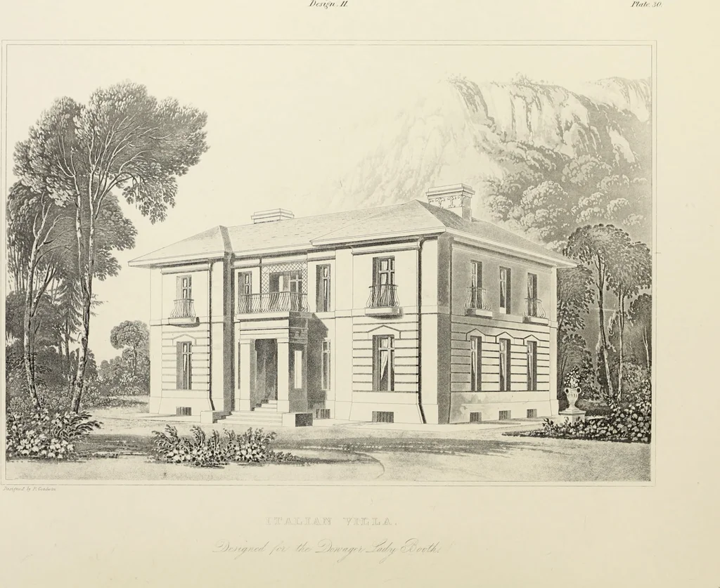 An illustration from Domestic architecture, being a series of designs, for mansions, villas, rectory houses, parsonage houses, bailiff's lodge, gardener's lodge, game-keeper's lodge, park-gate lodges, etc., in the Grecian, Italian, and old English style of architecture : with observations on the appropriate choice of site, the whole designed with strict reference to the practicability of erection, and with due attention to the important consideration of uniting elegance, convenience and domestic comfort with economy, the whole being the result of upwards of thirty years professional experience : with accurate estimates appended to each design, 1850, leaf 87