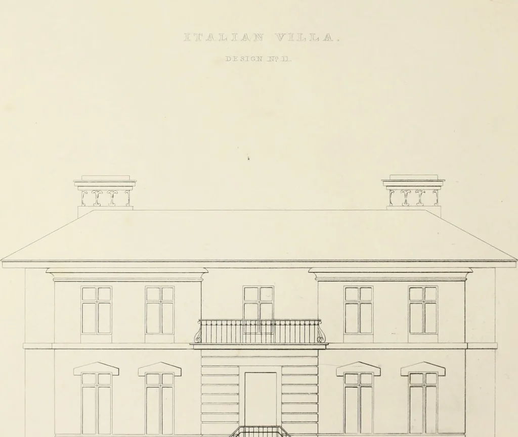An illustration from Domestic architecture, being a series of designs, for mansions, villas, rectory houses, parsonage houses, bailiff's lodge, gardener's lodge, game-keeper's lodge, park-gate lodges, etc., in the Grecian, Italian, and old English style of architecture : with observations on the appropriate choice of site, the whole designed with strict reference to the practicability of erection, and with due attention to the important consideration of uniting elegance, convenience and domestic comfort with economy, the whole being the result of upwards of thirty years professional experience : with accurate estimates appended to each design, 1850, leaf 89