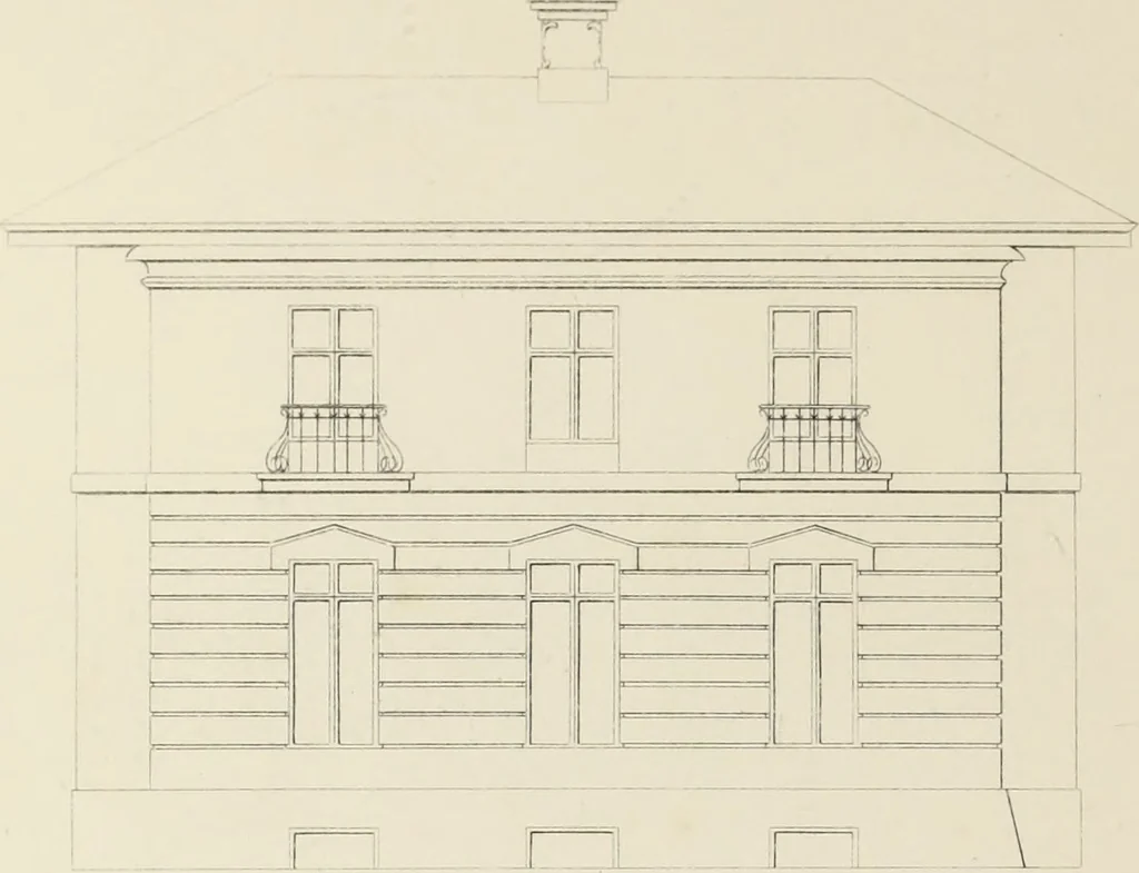 An illustration from Domestic architecture, being a series of designs, for mansions, villas, rectory houses, parsonage houses, bailiff's lodge, gardener's lodge, game-keeper's lodge, park-gate lodges, etc., in the Grecian, Italian, and old English style of architecture : with observations on the appropriate choice of site, the whole designed with strict reference to the practicability of erection, and with due attention to the important consideration of uniting elegance, convenience and domestic comfort with economy, the whole being the result of upwards of thirty years professional experience : with accurate estimates appended to each design, 1850, leaf 91