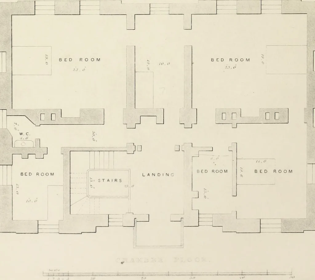 An illustration from Domestic architecture, being a series of designs, for mansions, villas, rectory houses, parsonage houses, bailiff's lodge, gardener's lodge, game-keeper's lodge, park-gate lodges, etc., in the Grecian, Italian, and old English style of architecture : with observations on the appropriate choice of site, the whole designed with strict reference to the practicability of erection, and with due attention to the important consideration of uniting elegance, convenience and domestic comfort with economy, the whole being the result of upwards of thirty years professional experience : with accurate estimates appended to each design, 1850, leaf 91