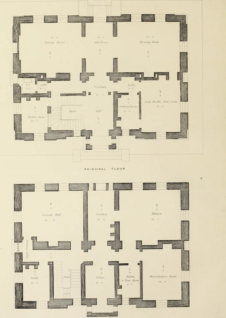 An illustration from Domestic architecture, being a series of designs, for mansions, villas, rectory houses, parsonage houses, bailiff's lodge, gardener's lodge, game-keeper's lodge, park-gate lodges, etc., in the Grecian, Italian, and old English style of architecture : with observations on the appropriate choice of site, the whole designed with strict reference to the practicability of erection, and with due attention to the important consideration of uniting elegance, convenience and domestic comfort with economy, the whole being the result of upwards of thirty years professional experience : with accurate estimates appended to each design, 1850, leaf 93