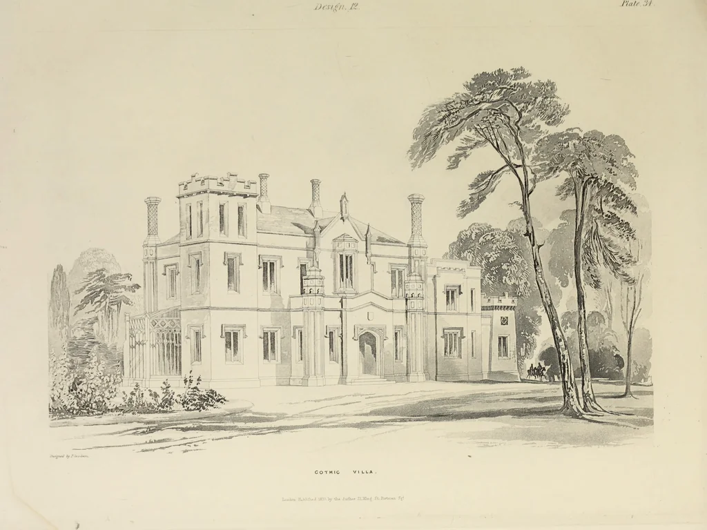 An illustration from Domestic architecture, being a series of designs, for mansions, villas, rectory houses, parsonage houses, bailiff's lodge, gardener's lodge, game-keeper's lodge, park-gate lodges, etc., in the Grecian, Italian, and old English style of architecture : with observations on the appropriate choice of site, the whole designed with strict reference to the practicability of erection, and with due attention to the important consideration of uniting elegance, convenience and domestic comfort with economy, the whole being the result of upwards of thirty years professional experience : with accurate estimates appended to each design, 1850, leaf 98