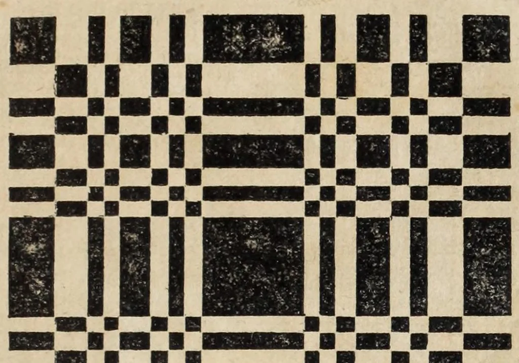 An illustration from The domestic manufacturer's assistant, and family directory, in the arts of weaving and dyeing: comprehending a plain system of directions, applying to those arts and other branches nearly connected with them in the manufacture of cotton and woolen goods; including many useful tables and drafts, in calculating and forming various kinds and patterns of goods. Designed for the improvement of domestic manufactures, 1817, leaf 97