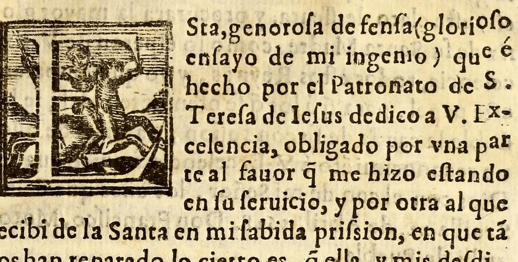 An illustration from Don Francisco Morouelli de Puebla, defiende el patronato de Santa Teresa de Iesus, patrona illustrissima de España. : Y responde a D. Francisco de Queuedo Villegas, Cauallero del habito de Santiago, a D. Francisco de Melgar, Canonigo de la Doctoral de Siuilla, y a otros que an escrito contra el, 1628, leaf 3