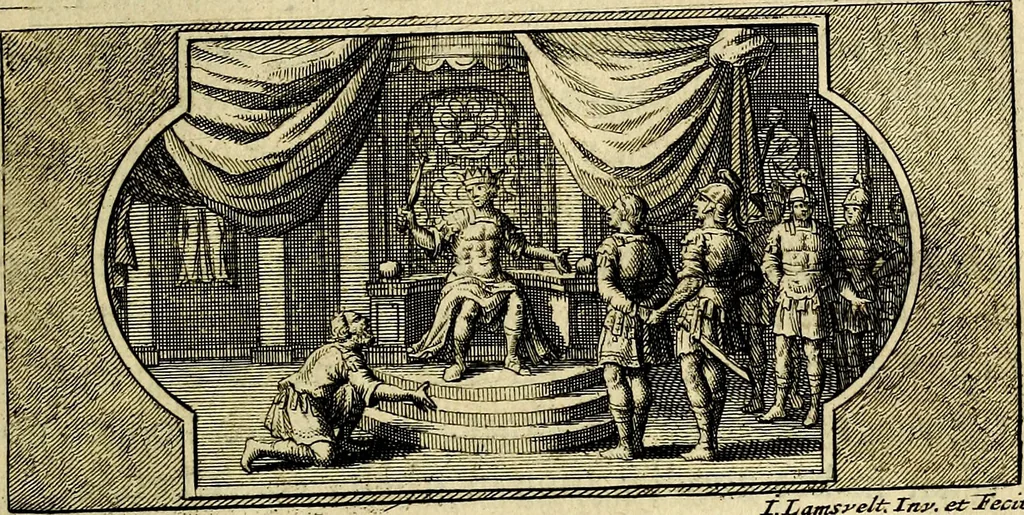 An illustration from Doorlugte voorbeelden der ouden : leerzaame zinnebeelden, nevens 't treurspel van L. Junius Brutus, vaderlyke gestrengheid, en verscheide gedigten, 1725, leaf 104