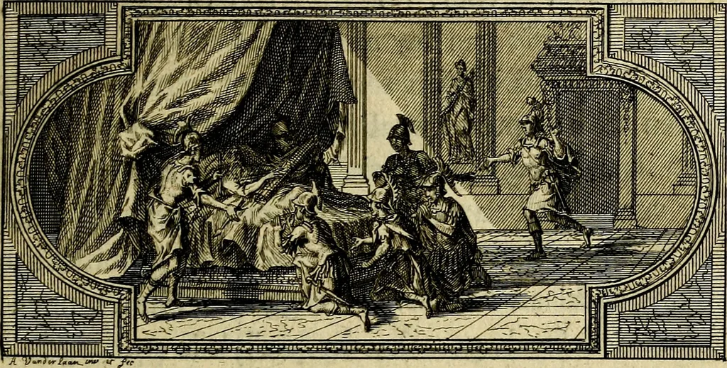 An illustration from Doorlugte voorbeelden der ouden : leerzaame zinnebeelden, nevens 't treurspel van L. Junius Brutus, vaderlyke gestrengheid, en verscheide gedigten, 1725, leaf 122