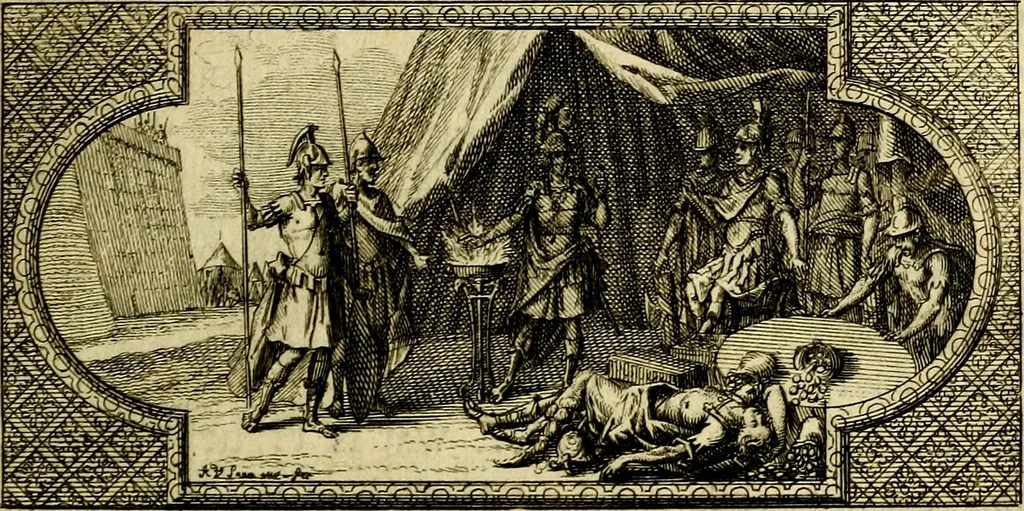 An illustration from Doorlugte voorbeelden der ouden : leerzaame zinnebeelden, nevens 't treurspel van L. Junius Brutus, vaderlyke gestrengheid, en verscheide gedigten, 1725, leaf 128