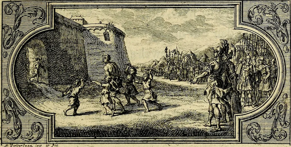 An illustration from Doorlugte voorbeelden der ouden : leerzaame zinnebeelden, nevens 't treurspel van L. Junius Brutus, vaderlyke gestrengheid, en verscheide gedigten, 1725, leaf 140
