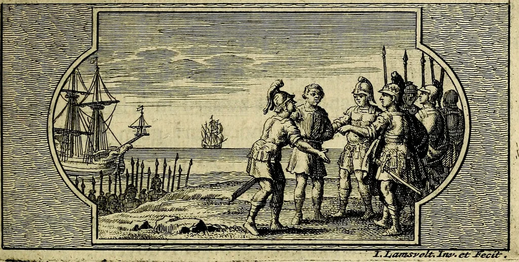 An illustration from Doorlugte voorbeelden der ouden : leerzaame zinnebeelden, nevens 't treurspel van L. Junius Brutus, vaderlyke gestrengheid, en verscheide gedigten, 1725, leaf 146