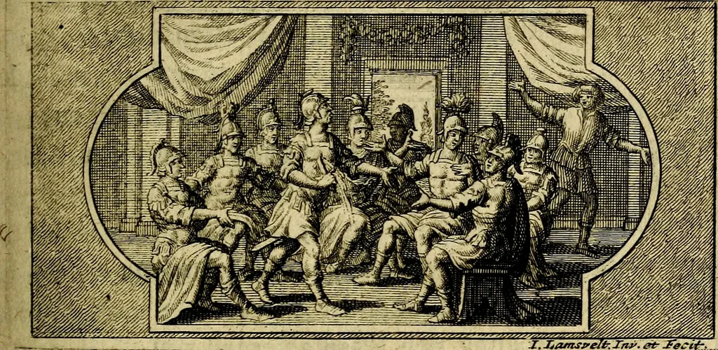 An illustration from Doorlugte voorbeelden der ouden : leerzaame zinnebeelden, nevens 't treurspel van L. Junius Brutus, vaderlyke gestrengheid, en verscheide gedigten, 1725, leaf 152