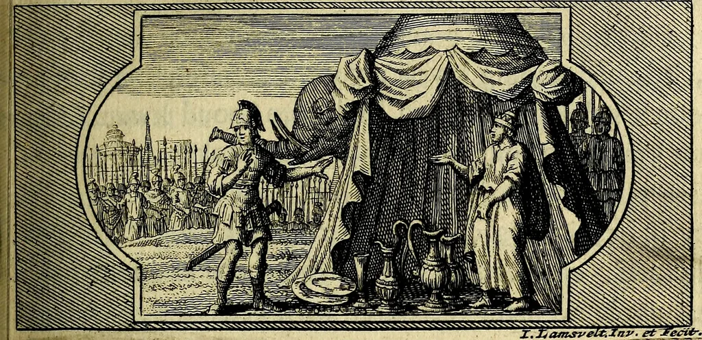An illustration from Doorlugte voorbeelden der ouden : leerzaame zinnebeelden, nevens 't treurspel van L. Junius Brutus, vaderlyke gestrengheid, en verscheide gedigten, 1725, leaf 182