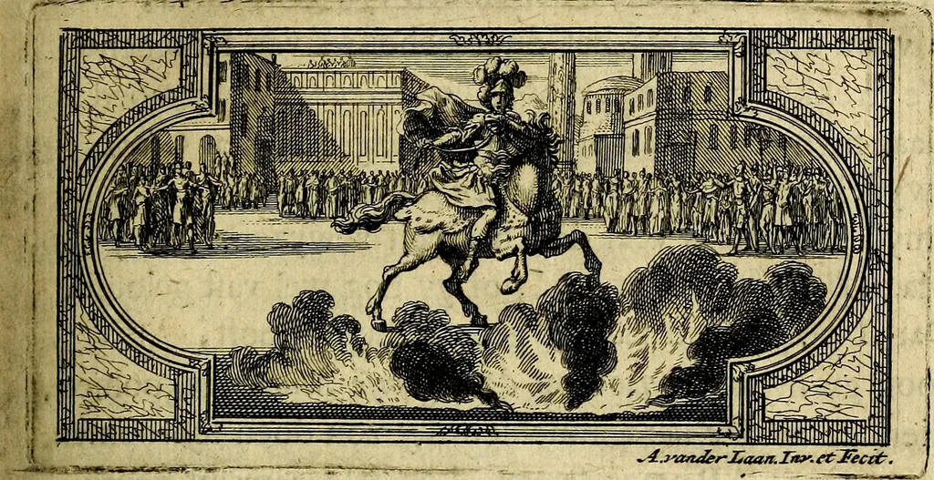 An illustration from Doorlugte voorbeelden der ouden : leerzaame zinnebeelden, nevens 't treurspel van L. Junius Brutus, vaderlyke gestrengheid, en verscheide gedigten, 1725, leaf 200