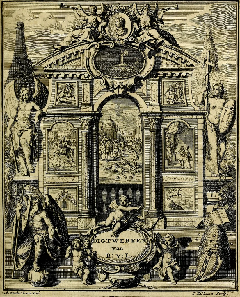 An illustration from Doorlugte voorbeelden der ouden : leerzaame zinnebeelden, nevens 't treurspel van L. Junius Brutus, vaderlyke gestrengheid, en verscheide gedigten, 1725, leaf 6