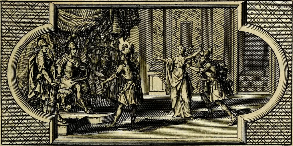 An illustration from Doorlugte voorbeelden der ouden : leerzaame zinnebeelden, nevens 't treurspel van L. Junius Brutus, vaderlyke gestrengheid, en verscheide gedigten, 1725, leaf 74
