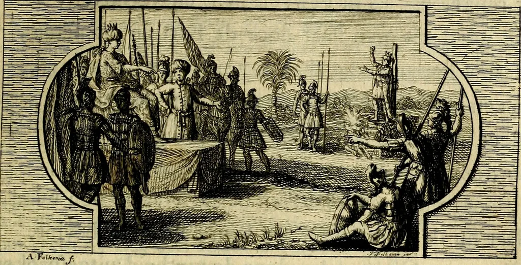 An illustration from Doorlugte voorbeelden der ouden : leerzaame zinnebeelden, nevens 't treurspel van L. Junius Brutus, vaderlyke gestrengheid, en verscheide gedigten, 1725, leaf 98