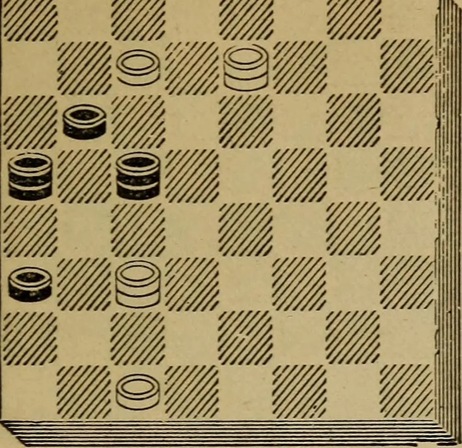 An illustration from Draughts : Gould's problems, critical positions and games by all the greatest players and composers of the world, the whole interspersed with notes on the positions / by Joseph Gould, 1895, leaf 100