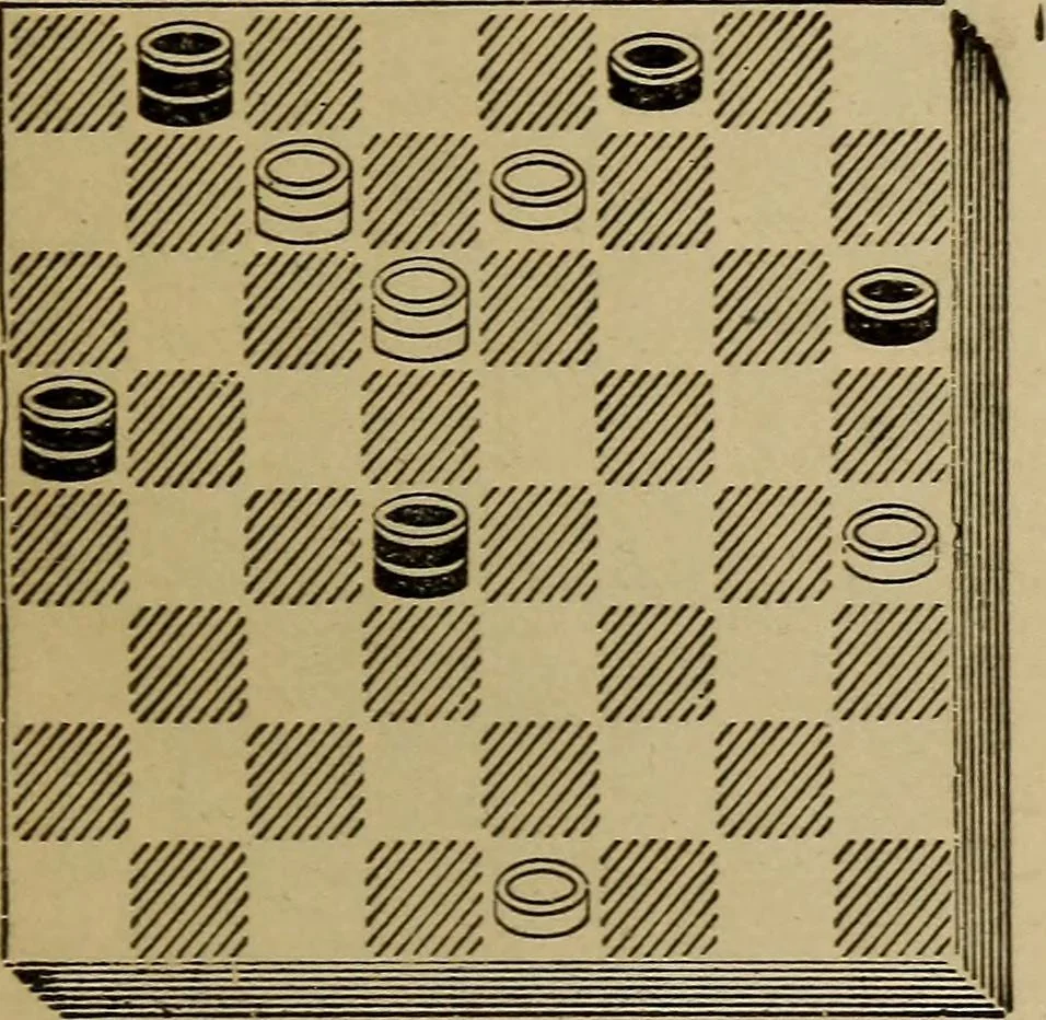 An illustration from Draughts : Gould's problems, critical positions and games by all the greatest players and composers of the world, the whole interspersed with notes on the positions / by Joseph Gould, 1895, leaf 100