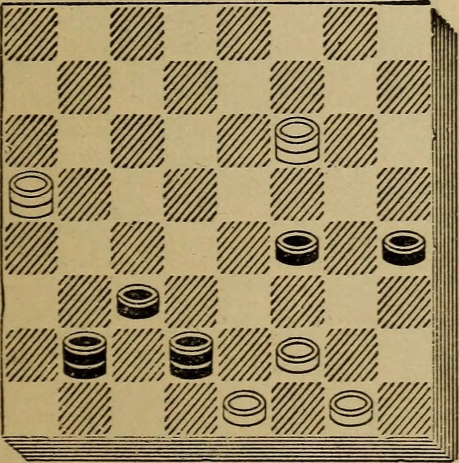 An illustration from Draughts : Gould's problems, critical positions and games by all the greatest players and composers of the world, the whole interspersed with notes on the positions / by Joseph Gould, 1895, leaf 100