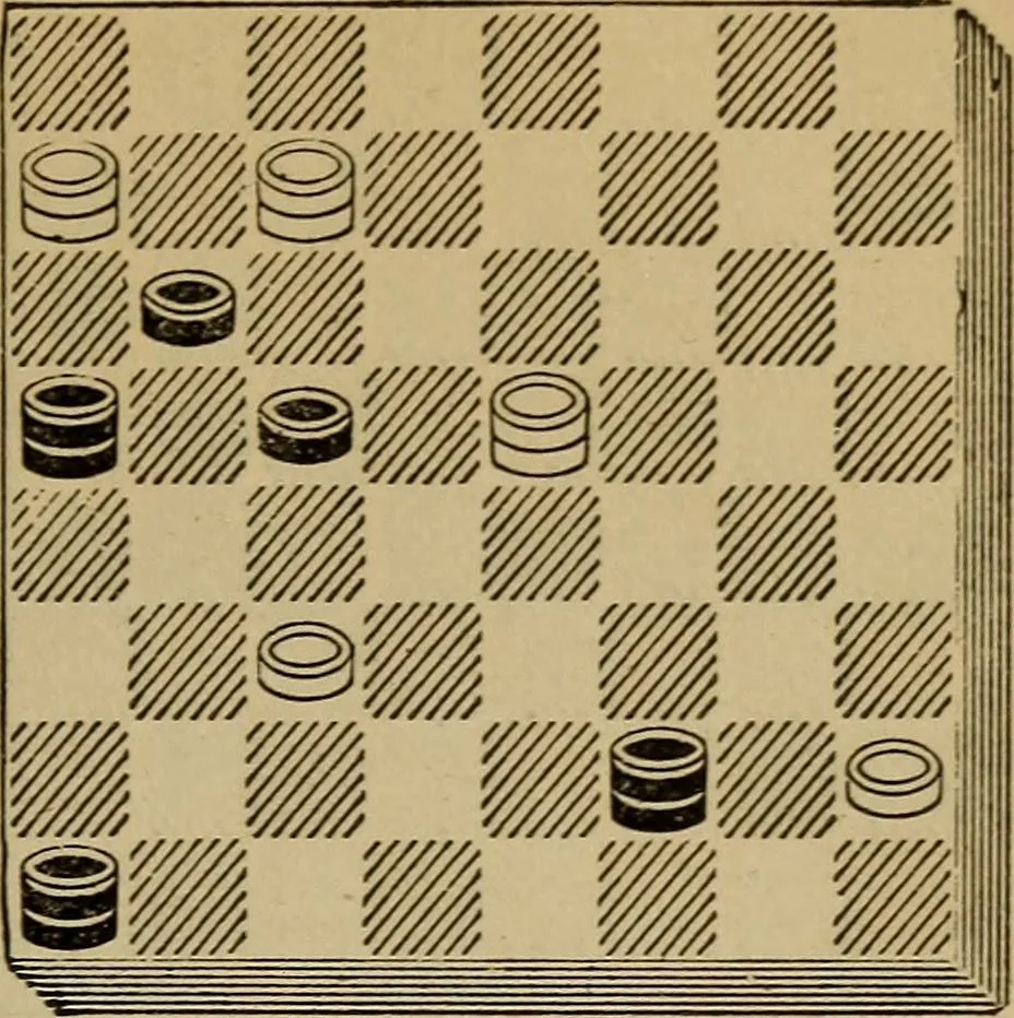 An illustration from Draughts : Gould's problems, critical positions and games by all the greatest players and composers of the world, the whole interspersed with notes on the positions / by Joseph Gould, 1895, leaf 100