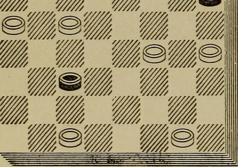 An illustration from Draughts : Gould's problems, critical positions and games by all the greatest players and composers of the world, the whole interspersed with notes on the positions / by Joseph Gould, 1895, leaf 101