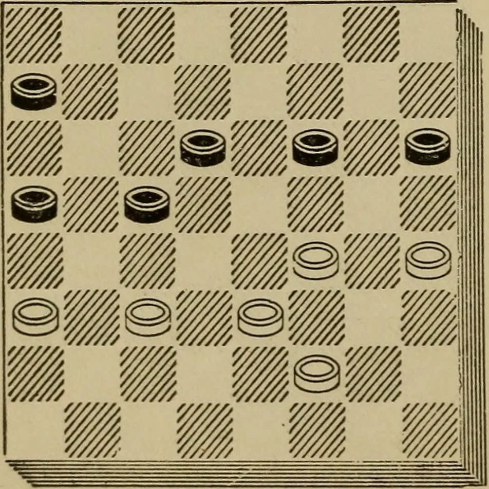 An illustration from Draughts : Gould's problems, critical positions and games by all the greatest players and composers of the world, the whole interspersed with notes on the positions / by Joseph Gould, 1895, leaf 101
