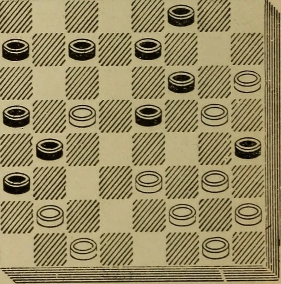 An illustration from Draughts : Gould's problems, critical positions and games by all the greatest players and composers of the world, the whole interspersed with notes on the positions / by Joseph Gould, 1895, leaf 101