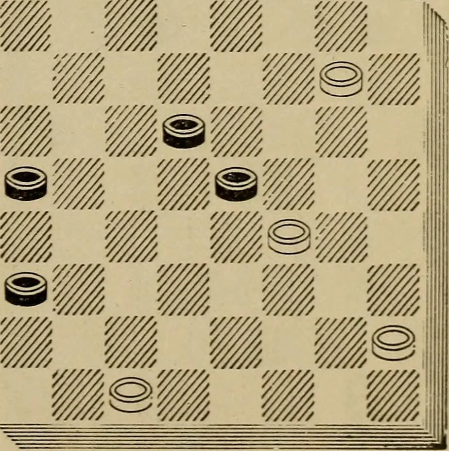 An illustration from Draughts : Gould's problems, critical positions and games by all the greatest players and composers of the world, the whole interspersed with notes on the positions / by Joseph Gould, 1895, leaf 102