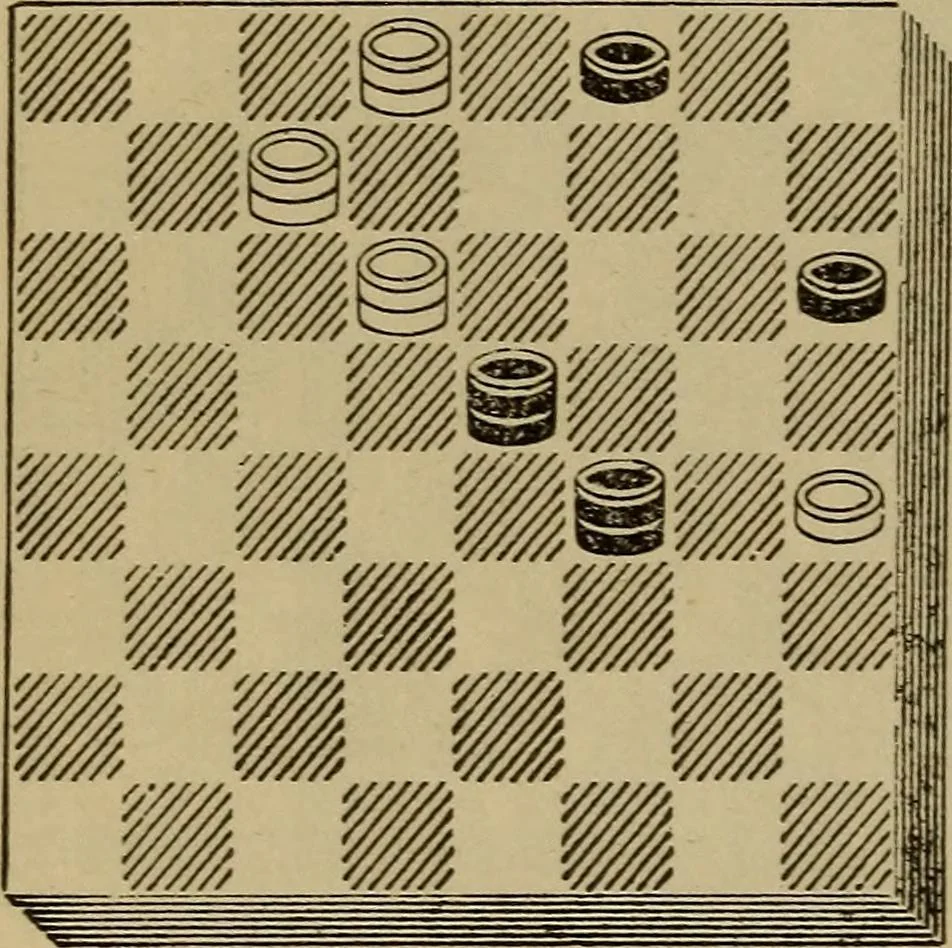An illustration from Draughts : Gould's problems, critical positions and games by all the greatest players and composers of the world, the whole interspersed with notes on the positions / by Joseph Gould, 1895, leaf 103