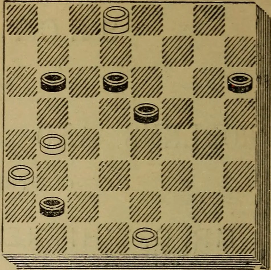 An illustration from Draughts : Gould's problems, critical positions and games by all the greatest players and composers of the world, the whole interspersed with notes on the positions / by Joseph Gould, 1895, leaf 103