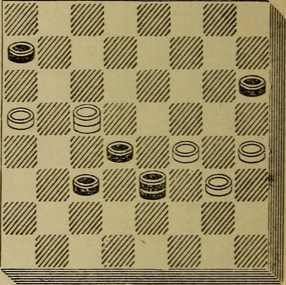 An illustration from Draughts : Gould's problems, critical positions and games by all the greatest players and composers of the world, the whole interspersed with notes on the positions / by Joseph Gould, 1895, leaf 103