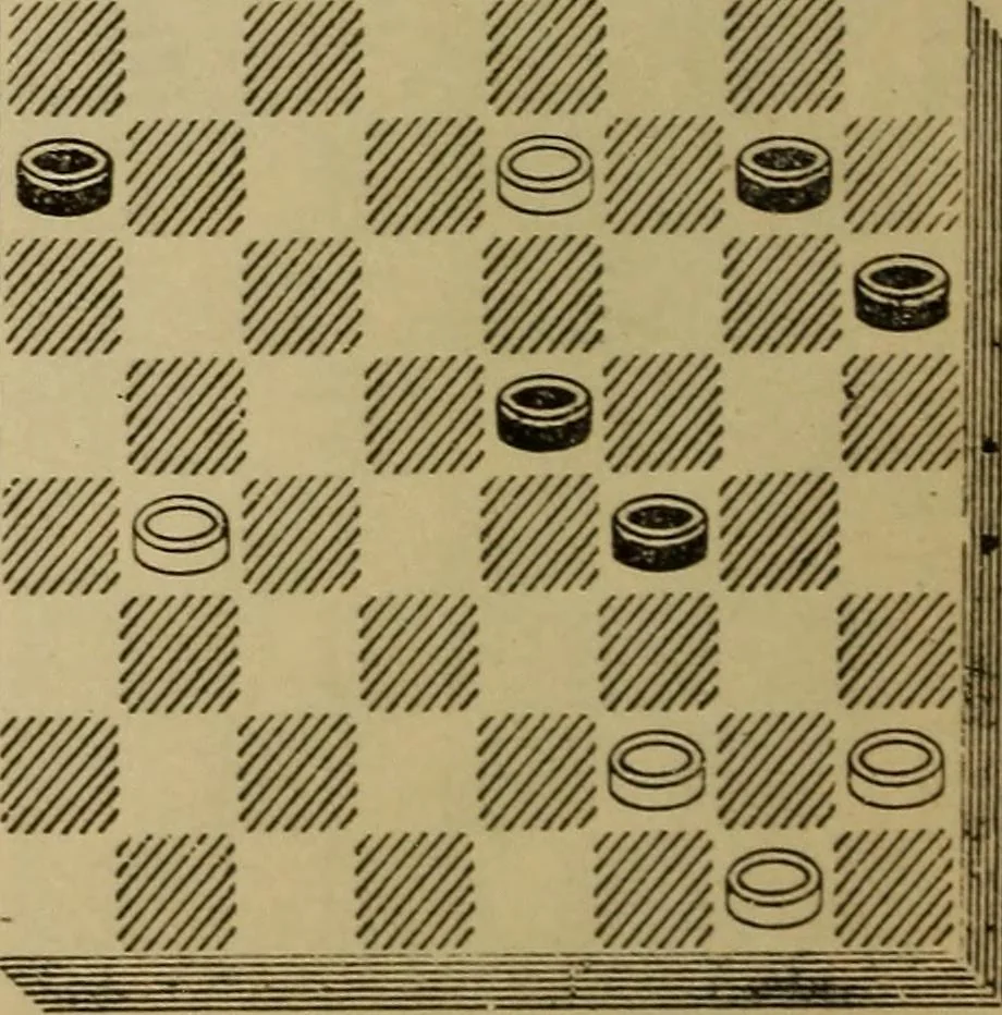 An illustration from Draughts : Gould's problems, critical positions and games by all the greatest players and composers of the world, the whole interspersed with notes on the positions / by Joseph Gould, 1895, leaf 103