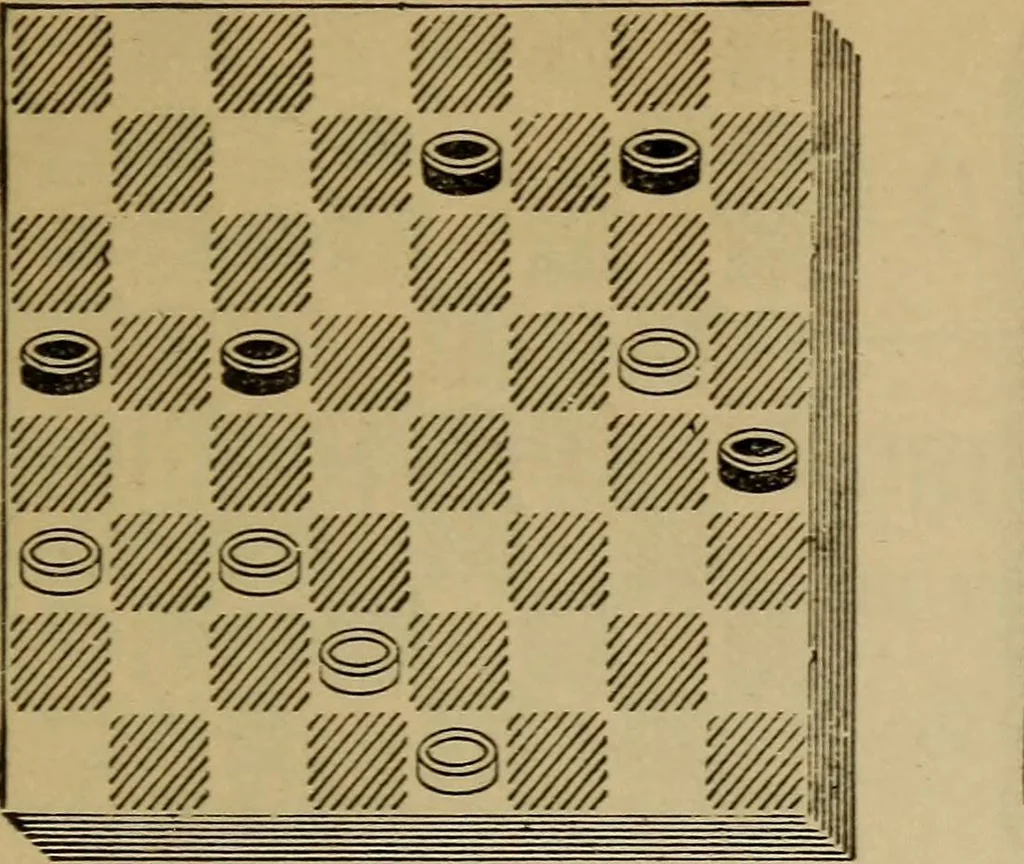 An illustration from Draughts : Gould's problems, critical positions and games by all the greatest players and composers of the world, the whole interspersed with notes on the positions / by Joseph Gould, 1895, leaf 104