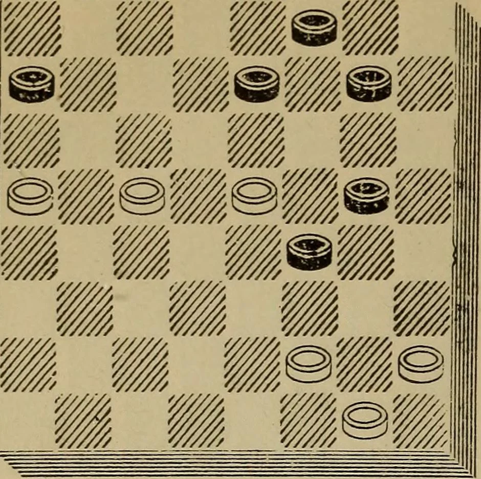An illustration from Draughts : Gould's problems, critical positions and games by all the greatest players and composers of the world, the whole interspersed with notes on the positions / by Joseph Gould, 1895, leaf 105