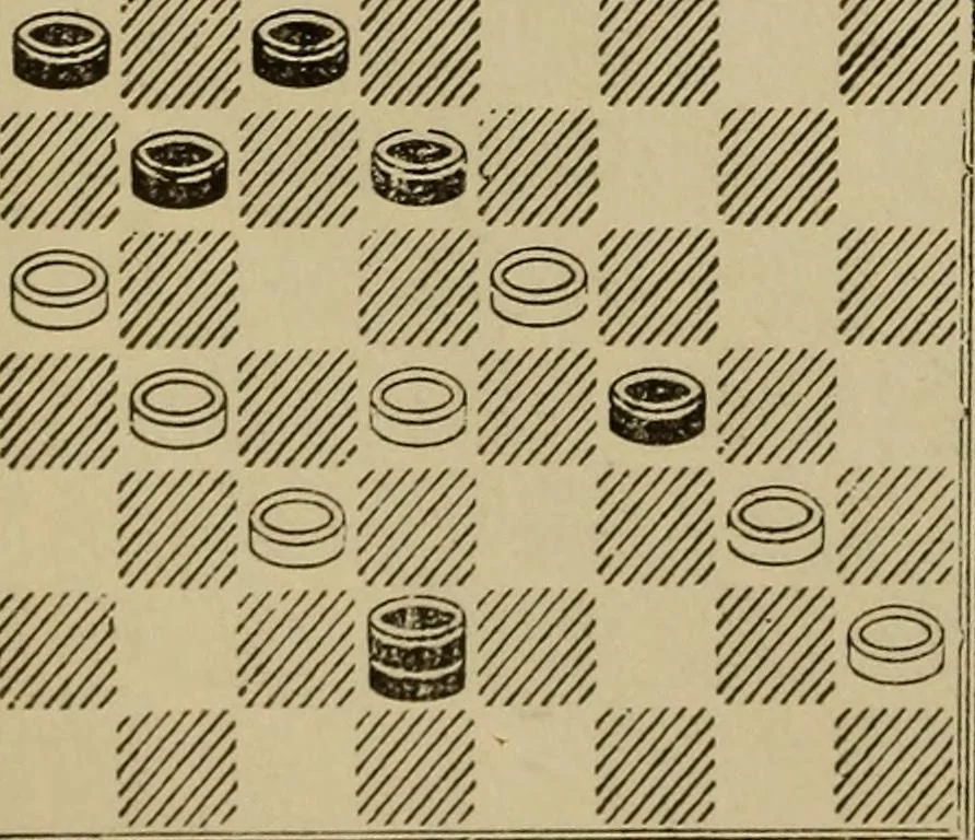 An illustration from Draughts : Gould's problems, critical positions and games by all the greatest players and composers of the world, the whole interspersed with notes on the positions / by Joseph Gould, 1895, leaf 105