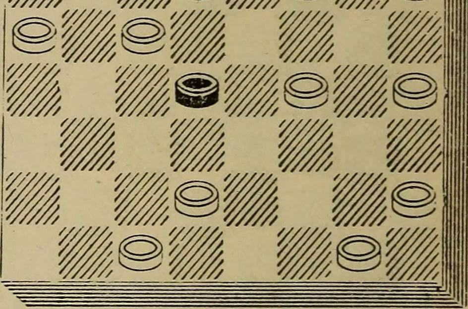 An illustration from Draughts : Gould's problems, critical positions and games by all the greatest players and composers of the world, the whole interspersed with notes on the positions / by Joseph Gould, 1895, leaf 105