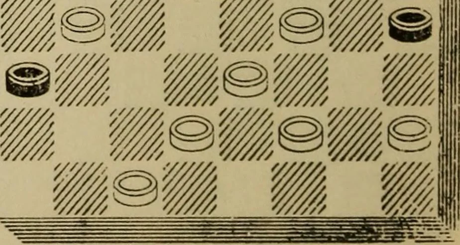 An illustration from Draughts : Gould's problems, critical positions and games by all the greatest players and composers of the world, the whole interspersed with notes on the positions / by Joseph Gould, 1895, leaf 105