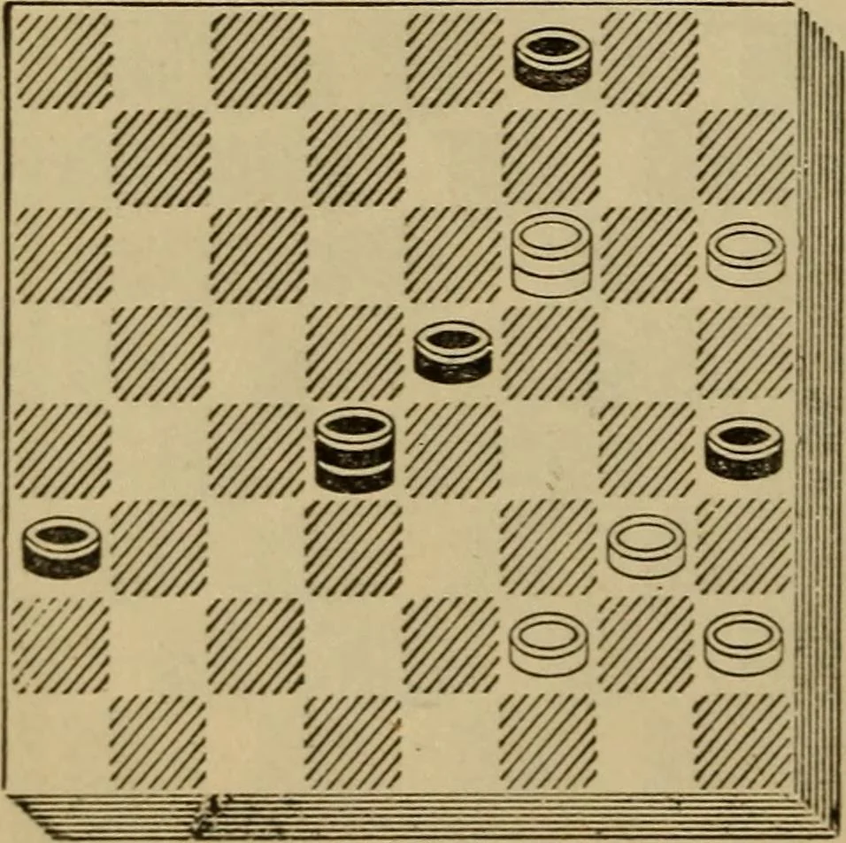 An illustration from Draughts : Gould's problems, critical positions and games by all the greatest players and composers of the world, the whole interspersed with notes on the positions / by Joseph Gould, 1895, leaf 107