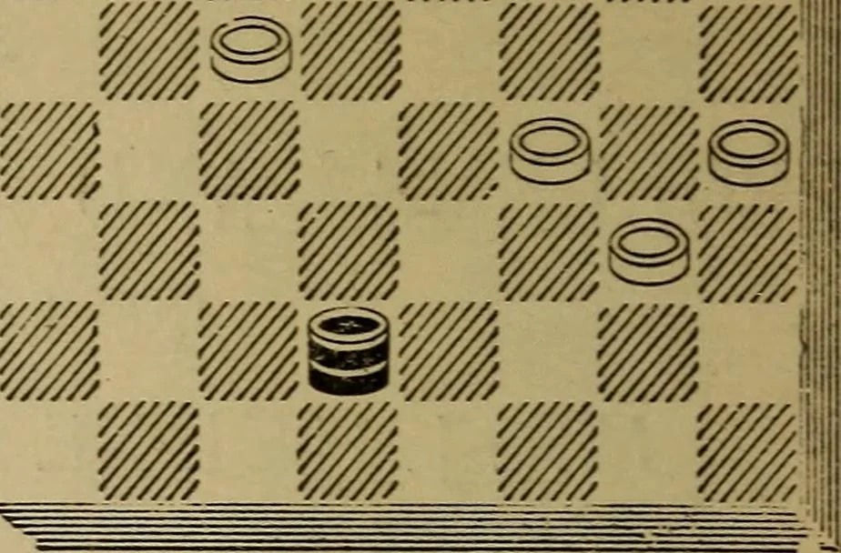 An illustration from Draughts : Gould's problems, critical positions and games by all the greatest players and composers of the world, the whole interspersed with notes on the positions / by Joseph Gould, 1895, leaf 107