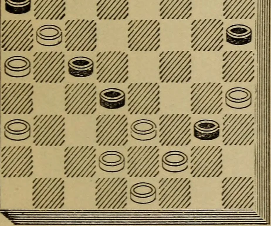 An illustration from Draughts : Gould's problems, critical positions and games by all the greatest players and composers of the world, the whole interspersed with notes on the positions / by Joseph Gould, 1895, leaf 108