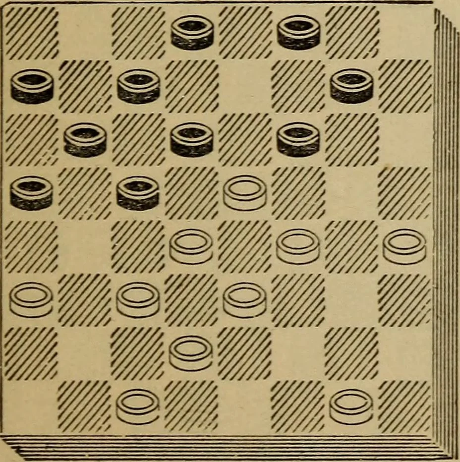 An illustration from Draughts : Gould's problems, critical positions and games by all the greatest players and composers of the world, the whole interspersed with notes on the positions / by Joseph Gould, 1895, leaf 108