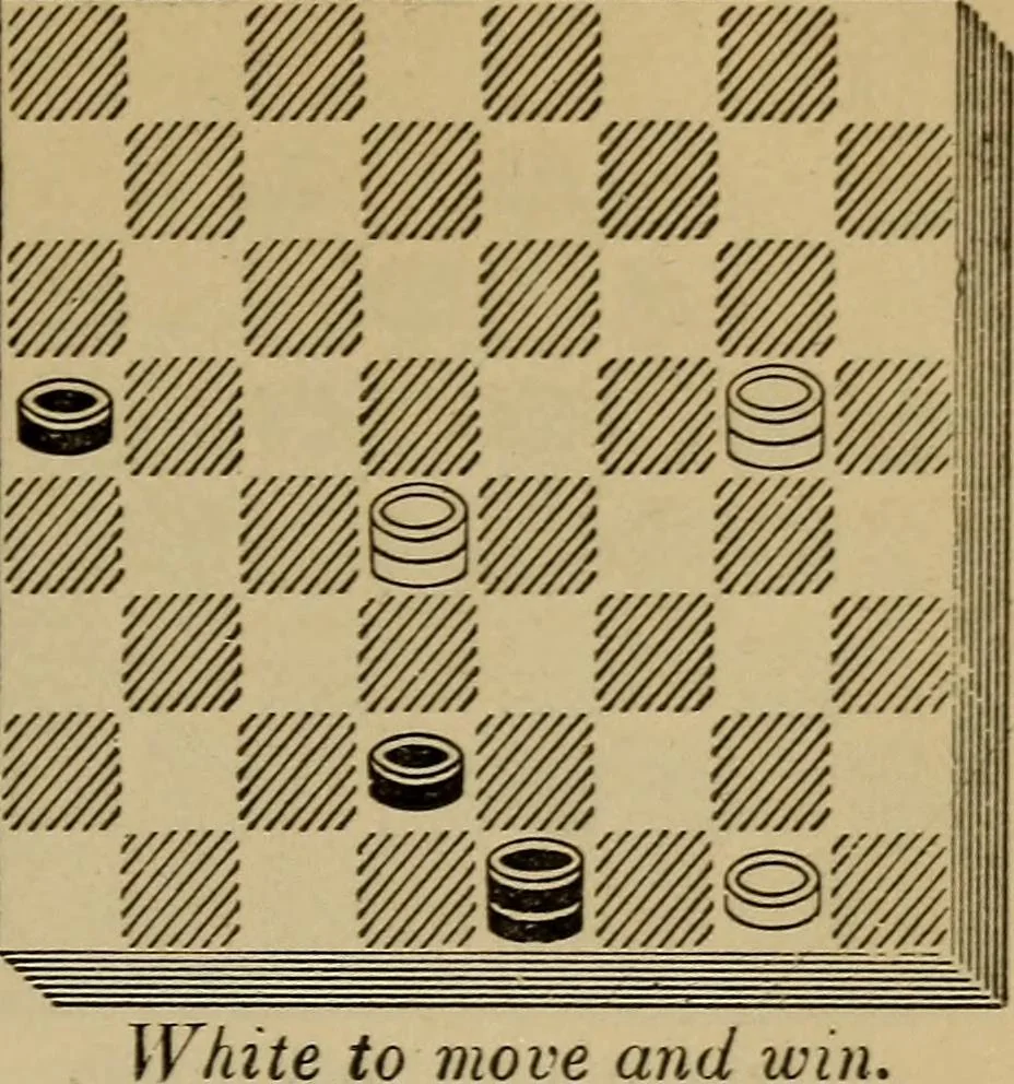 An illustration from Draughts : Gould's problems, critical positions and games by all the greatest players and composers of the world, the whole interspersed with notes on the positions / by Joseph Gould, 1895, leaf 108