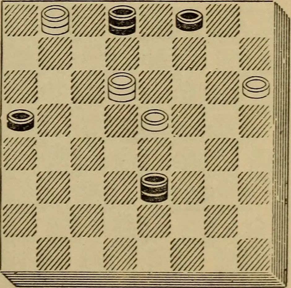 An illustration from Draughts : Gould's problems, critical positions and games by all the greatest players and composers of the world, the whole interspersed with notes on the positions / by Joseph Gould, 1895, leaf 108
