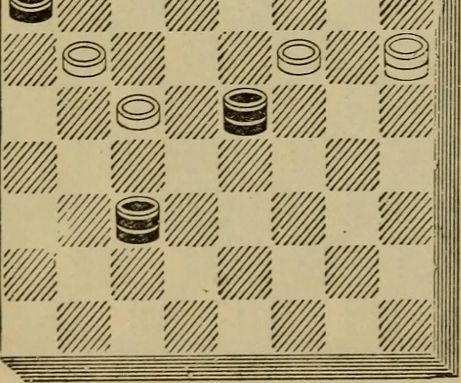 An illustration from Draughts : Gould's problems, critical positions and games by all the greatest players and composers of the world, the whole interspersed with notes on the positions / by Joseph Gould, 1895, leaf 109