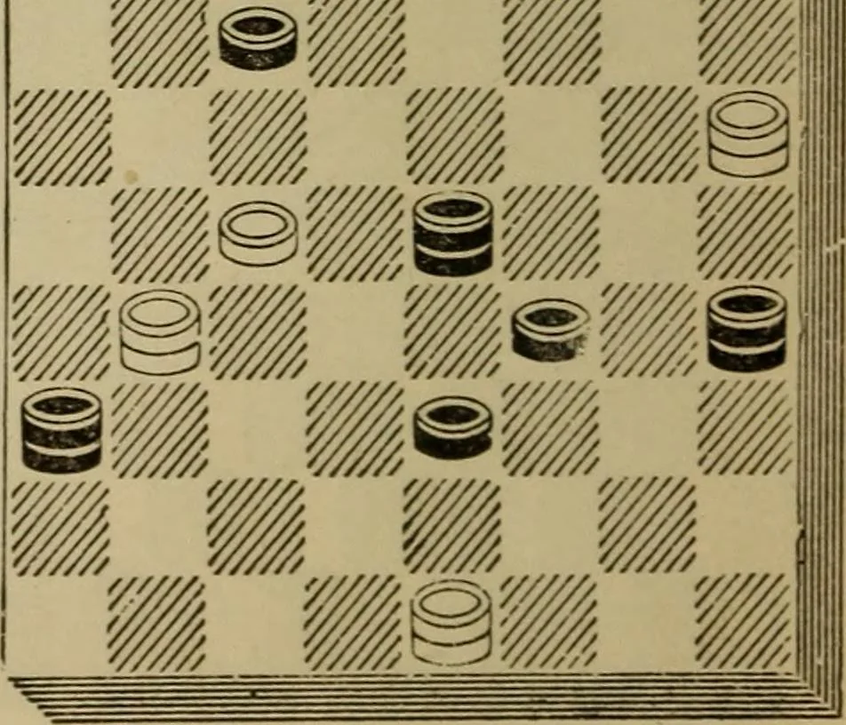 An illustration from Draughts : Gould's problems, critical positions and games by all the greatest players and composers of the world, the whole interspersed with notes on the positions / by Joseph Gould, 1895, leaf 109