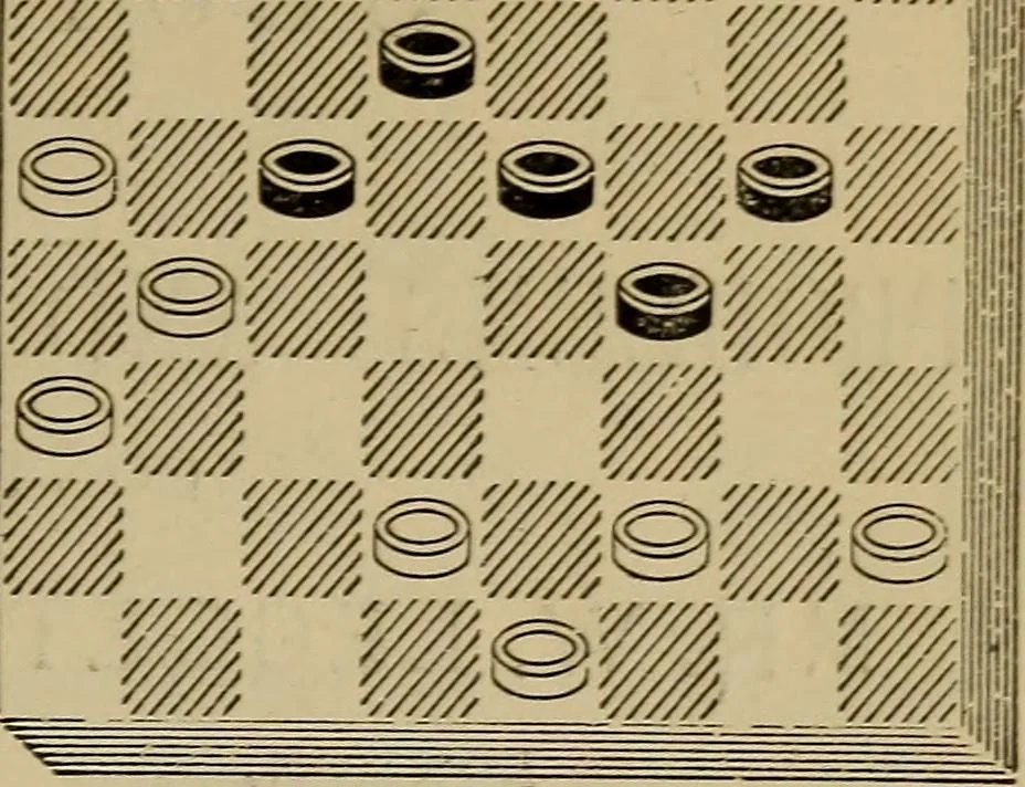 An illustration from Draughts : Gould's problems, critical positions and games by all the greatest players and composers of the world, the whole interspersed with notes on the positions / by Joseph Gould, 1895, leaf 110