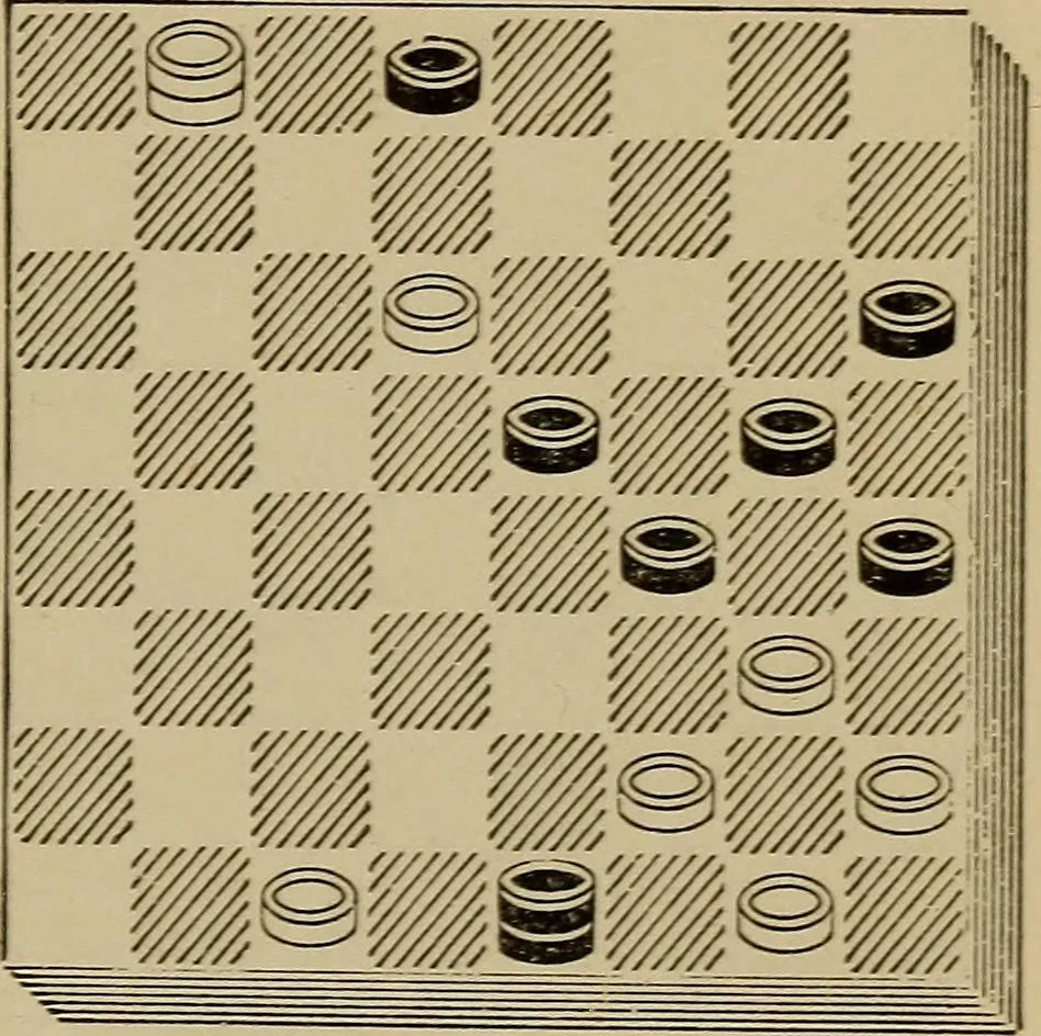 An illustration from Draughts : Gould's problems, critical positions and games by all the greatest players and composers of the world, the whole interspersed with notes on the positions / by Joseph Gould, 1895, leaf 110