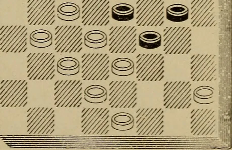 An illustration from Draughts : Gould's problems, critical positions and games by all the greatest players and composers of the world, the whole interspersed with notes on the positions / by Joseph Gould, 1895, leaf 110