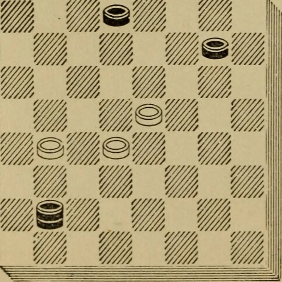 An illustration from Draughts : Gould's problems, critical positions and games by all the greatest players and composers of the world, the whole interspersed with notes on the positions / by Joseph Gould, 1895, leaf 111