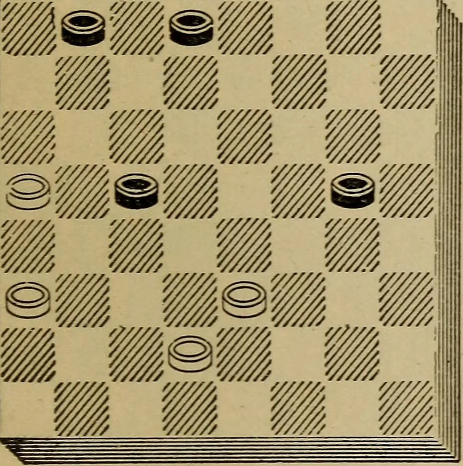 An illustration from Draughts : Gould's problems, critical positions and games by all the greatest players and composers of the world, the whole interspersed with notes on the positions / by Joseph Gould, 1895, leaf 112