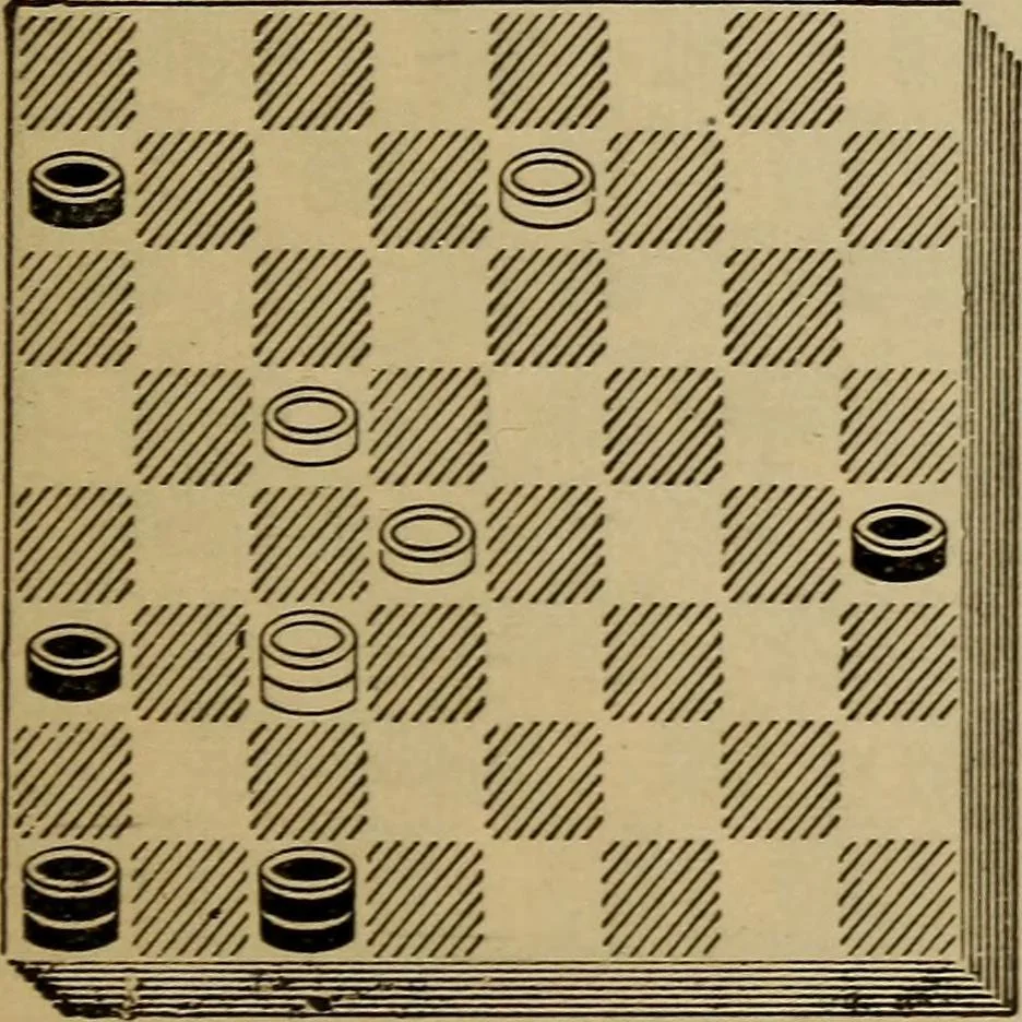 An illustration from Draughts : Gould's problems, critical positions and games by all the greatest players and composers of the world, the whole interspersed with notes on the positions / by Joseph Gould, 1895, leaf 112